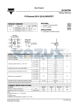 SI1467DH-T1-E3 datasheet - P-Channel 20-V (D-S) MOSFET