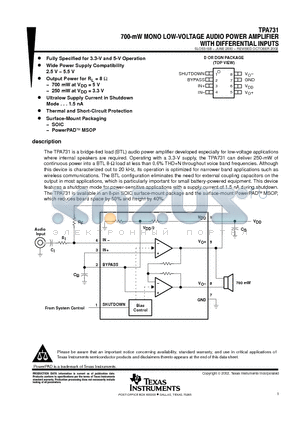 TPA731D datasheet - 700-mW MONO LOW-VOLTAGE AUDIO POWER AMPLIFIER WITH DIFFERENTIAL INPUTS
