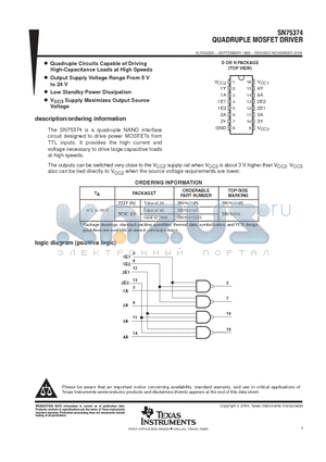 SN75374DE4 datasheet - QUADRUPLE MOSFET DRIVER