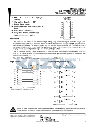 SN75423 datasheet - HIGH-VOLTAGE HIGH-CURRENT DARLINGTON TRANSISTOR ARRAYS