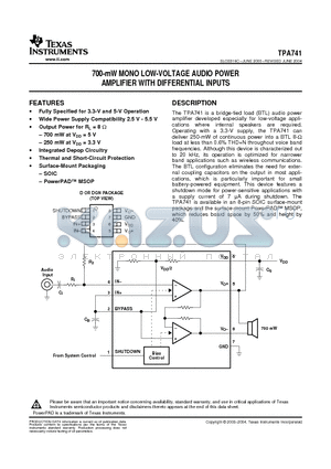 TPA741D datasheet - 700-mW MONO LOW-VOLTAGE AUDIO POWER AMPLIFIER WITH DIFFERENTIAL INPUTS