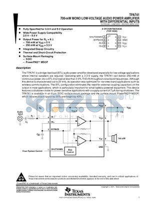 TPA741D datasheet - 700-mW MONO LOW-VOLTAGE AUDIO POWER AMPLIFIER WITH DIFFERENTIAL INPUTS