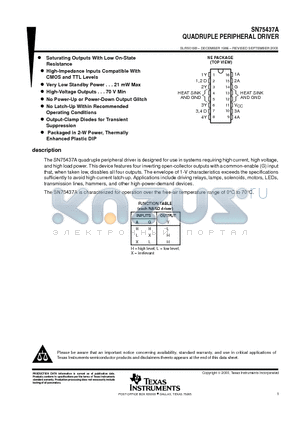 SN75437ANE datasheet - QUADRUPLE PERIPHERAL DRIVER