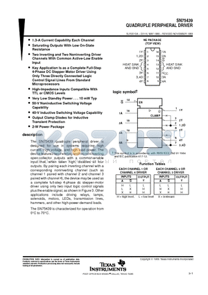 SN75439 datasheet - QUADRUPLE PERIPHERAL DRIVER