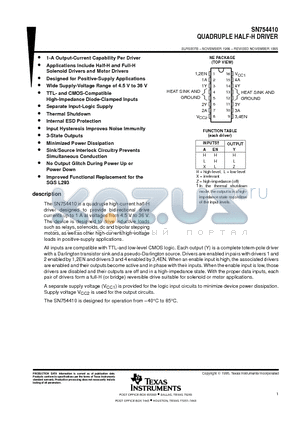 SN754410NE datasheet - QUADRUPLE HALF-H DRIVER