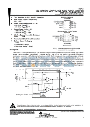 TPA751DGNRG4 datasheet - 700-mW MONO LOW-VOLTAGE AUDIO POWER AMPLIFIER WITH DIFFERENTIAL INPUTS