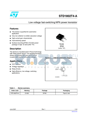 STD1802T4-A datasheet - Low voltage fast-switching NPN power transistor
