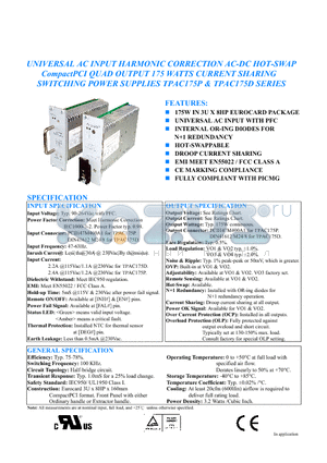 TPAC175P-490 datasheet - UNIVERSAL AC INPUT HARMONIC CORRECTION AC-DC HOT-SWAP CompactPCI QUAD OUTPUT 175 WATTS CURRENT SHARING SWITCHING POWER SUPPLIES TPAC175P & TPAC175D SE