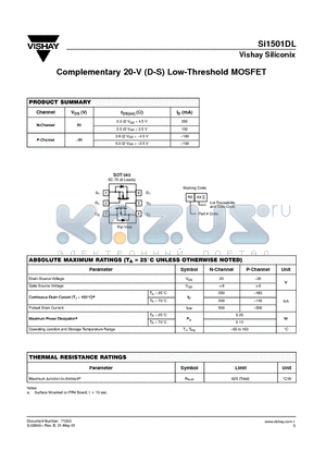 SI1501DL datasheet - Complementary 20-V (D-S) Low-Threshold MOSFET