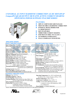 TPAC200P datasheet - UNIVERSAL AC INPUT HARMONIC CORRECTION AC-DC HOT-SWAP CompactPCI QUAD OUTPUT 200 WATTS ACTIVE CURRENT SHARING SWITCHING POWER SUPPLIES TPAC200P SERIES