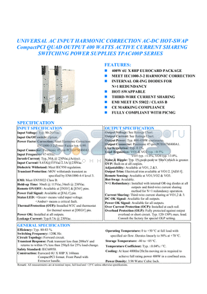 TPAC400P-490 datasheet - UNIVERSAL AC INPUT HARMONIC CORRECTION AC-DC HOT-SWAP CompactPCI QUAD OUTPUT 400 SWITCHING POWER SUPPLIES TPAC400P SERIESWATTS ACTIVE CURRENT SHARING