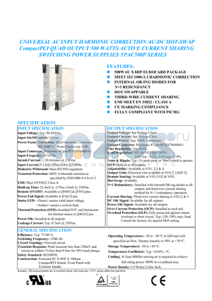 TPAC500P datasheet - UNIVERSAL AC INPUT HARMONIC CORRECTION AC-DC HOT-SWAP CompactPCI QUAD OUTPUT 500 WATTS ACTIVE CURRENT SHARING SWITCHING POWER SUPPLIES TPAC500P SERIES