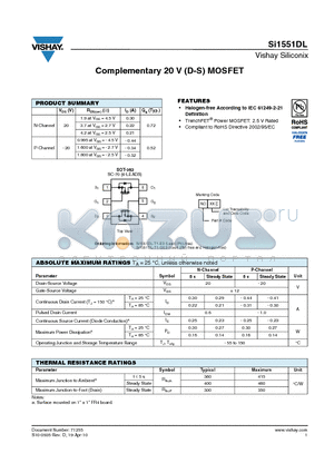 SI1551DL datasheet - Complementary 20 V (D-S) MOSFET