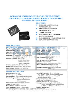 TPAM05S-050100 datasheet - PCB-MOUNT UNIVERSAL INPUT AC-DC POWER SUPPLIES ENCAPSULATED MODULES 5-WATTS SINGLE AND DUAL OUTPUT TPAM05S AND TPAM05D SERIES