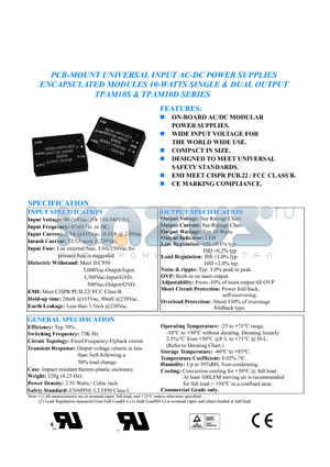 TPAM10S-050200 datasheet - PCB-MOUNT UNIVERSAL INPUT AC-DC POWER SUPPLIES ENCAPSULATED MODULES 10-WATTS SINGLE AND DUAL OUTPUT TPAM10S AND TPAM10D SERIES