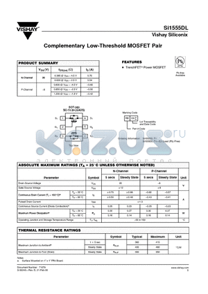 SI1555DL-T1 datasheet - Complementary Low-Threshold MOSFET Pair