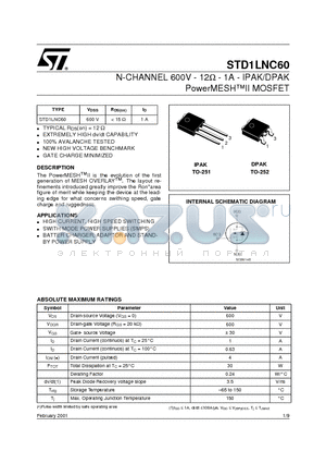 STD1LNC60 datasheet - N-CHANNEL 600V - 12ohm - 1A - IPAK/DPAK PowerMESHII MOSFET