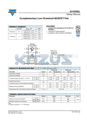 SI1555DL_10 datasheet - Complementary Low-Threshold MOSFET Pair