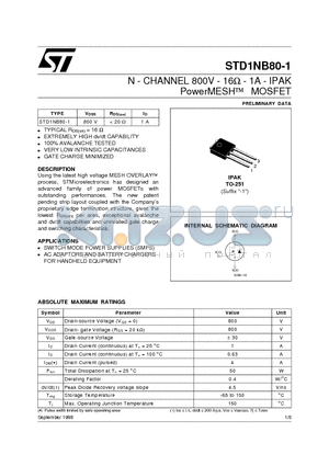 STD1NB80- datasheet - N - CHANNEL 800V - 16ohm - 1A - IPAK PowerMESH MOSFET