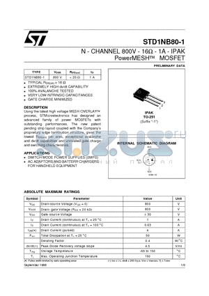 STD1NB80-1 datasheet - N - CHANNEL 800V - 16ohm - 1A - IPAK PowerMESH MOSFET