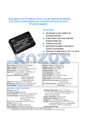 TPAM15S-240062 datasheet - PCB-MOUNT UNIVERSAL INPUT AC-DC POWER SUPPLIES ENCAPSULATED MODULES 15-WATTS SINGLE OUTPUT TPAM15S SERIES