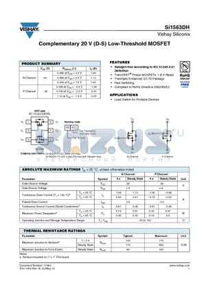 SI1563DH datasheet - Complementary 20 V (D-S) Low-Threshold MOSFET
