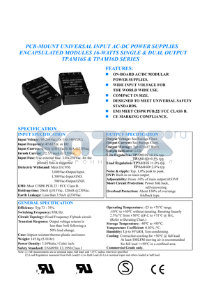 TPAM16D-033180 datasheet - PCB-MOUNT UNIVERSAL INPUT AC-DC POWER SUPPLIES ENCAPSULATED MODULES 16-WATTS SINGLE AND DUAL OUTPUT TPAM16S AND TPAM16D SERIES