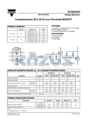 SI1563EDH datasheet - Complementary 20-V (D-S) Low-Threshold MOSFET