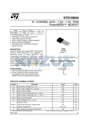 STD1NB50 datasheet - N - CHANNEL 500V - 7.5ohm - 1.4A IPAK PowerMESH MOSFET