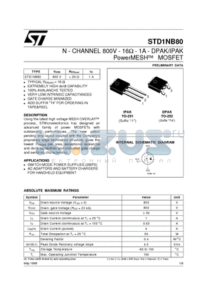 STD1NB80 datasheet - N - CHANNEL 800V - 16ohm - 1A - DPAK/IPAK PowerMESH MOSFET