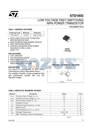 STD1802 datasheet - LOW VOLTAGE FAST-SWITCHING NPN POWER TRANSISTOR