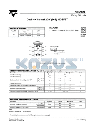SI1902DL-T1 datasheet - Dual N-Channel 20-V (D-S) MOSFET