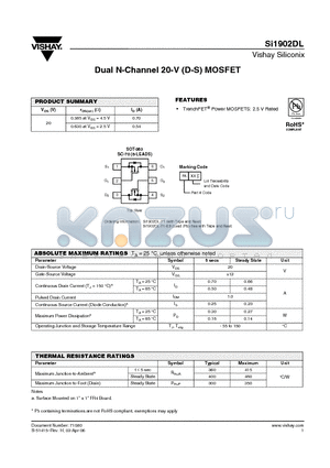 SI1902DL-T1-E3 datasheet - Dual N-Channel 20-V (D-S) MOSFET