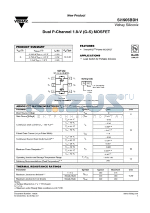SI1905BDH datasheet - Dual P-Channel 1.8-V (G-S) MOSFET