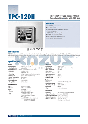 TPC-120H-E2AE datasheet - 12.1 SVGA TFT LCD XScale PXA270 Touch Panel Computer with CAN-bus