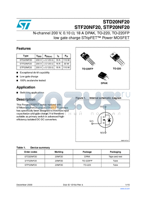STD20NF20 datasheet - N-channel 200 V, 0.10 Y, 18 A DPAK, TO-220, TO-220FP low gate charge STripFET Power MOSFET