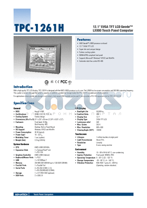 TPC-1261H-WMKE datasheet - 12.1 SVGA TFT LCD Geode LX800 Touch Panel Computer
