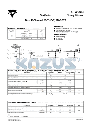 SI1913EDH datasheet - Dual P-Channel 20-V (D-S) MOSFET