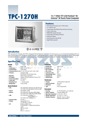 TPC-1270H datasheet - 12.1 SVGA TFT LCD Pentium^ M/ Celeron^ M Touch Panel Computer