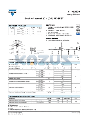SI1922EDH datasheet - Dual N-Channel 20 V (D-S) MOSFET