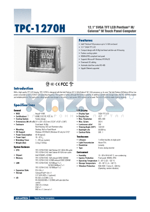 TPC-1270H-C1AE datasheet - 12.1 SVGA TFT LCD Pentium^ M/ Celeron^ M Touch Panel Computer