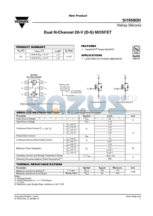 SI1958DH datasheet - Dual N-Channel 20-V (D-S) MOSFET