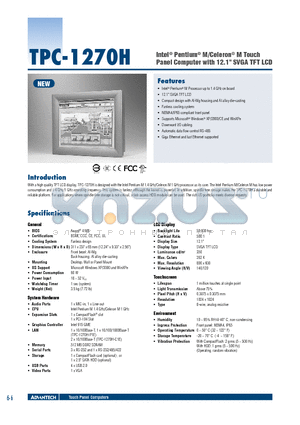 TPC-1270H-P1E datasheet - Intel^ Pentium^ M/Celeron^ M Touch Panel Computer with 12.1