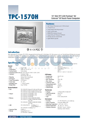 TPC-1570H-B1E datasheet - 15 XGA TFT LCD Pentium^ M/ Celeron^ M Touch Panel Computer