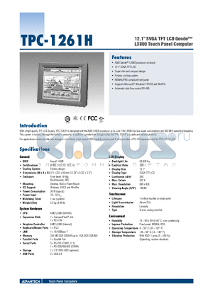 TPC-1270H-EPKE datasheet - 12.1 SVGA TFT LCD Geode LX800 Touch Panel Computer