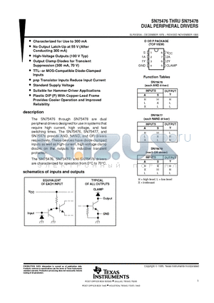 SN75476D datasheet - DUAL PERIPHERAL DRIVERS