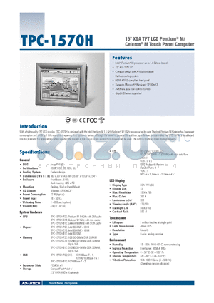 TPC-1570H-WMKE datasheet - 15 XGA TFT LCD Pentium^ M/ Celeron^ M Touch Panel Computer