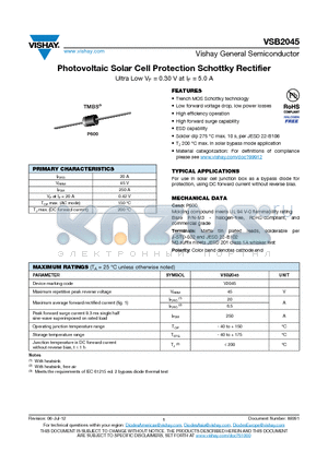 VSB2045-M3/54 datasheet - Photovoltaic Solar Cell Protection Schottky Rectifier