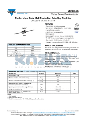 VSB20L45-M3/73 datasheet - Photovoltaic Solar Cell Protection Schottky Rectifier