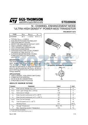 STD20N06 datasheet - N - CHANNEL ENHANCEMENT MODE ULTRA HIGH DENSITY POWER MOS TRANSISTOR